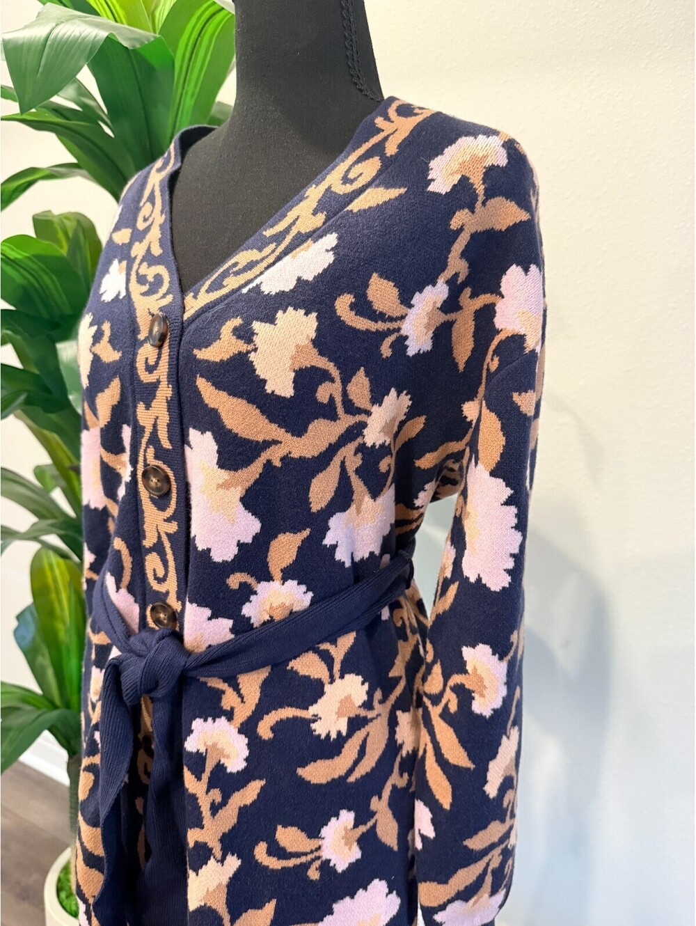 Ree Pioneer Woman Double Knit Jacquard Belted Cardigan Camel Navy Floral XS